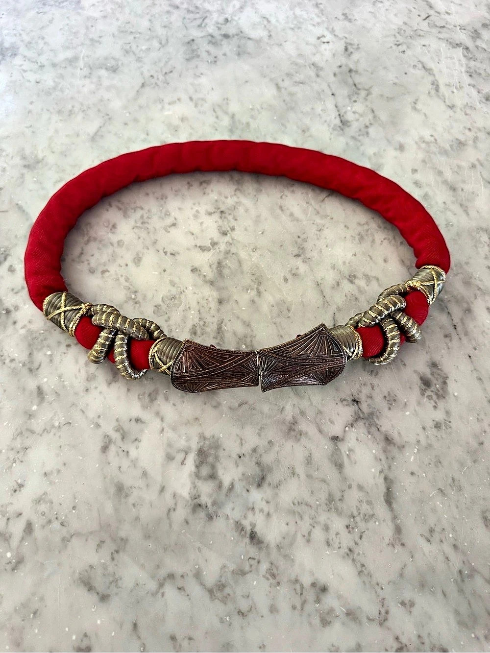 vintage 80s red rope and brass statement belt